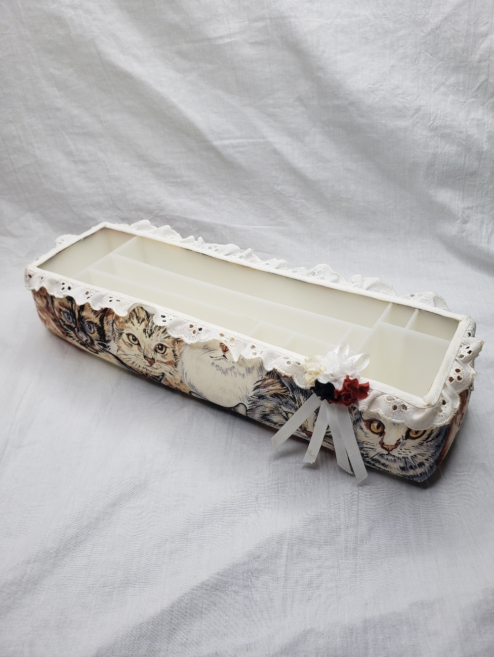 Vintage Handmade Fabric And Plastic Divided Makeup Organizer